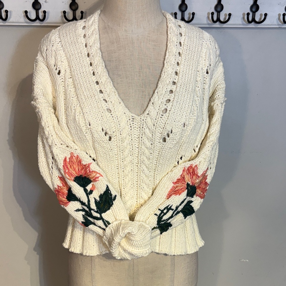 Pilcro Cream V-Neck Sweater with Pink Floral Embroidery